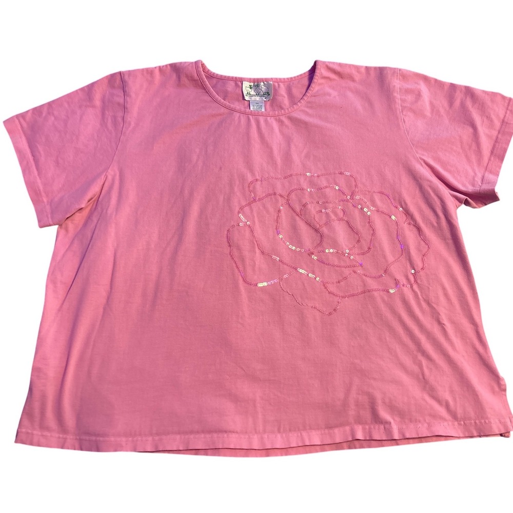 The Quacker Factory Women's Pink Sequin Rose Short Sleeve T-Shirt Size 3X